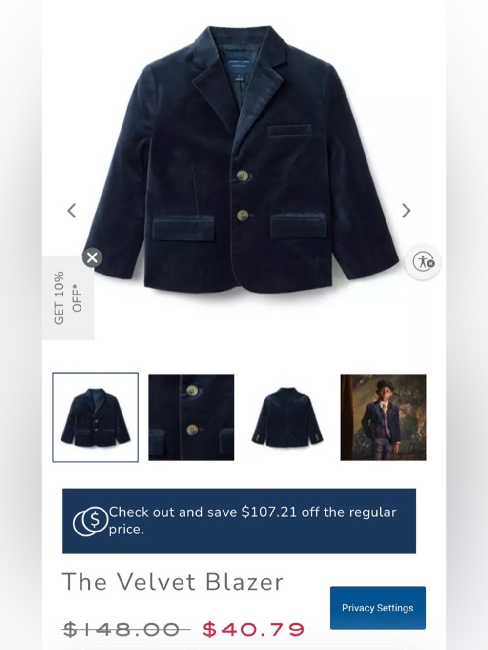 Janie and Jack Velvet Suit - Navy